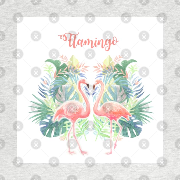 Lovely Fairy Tale For Two Flamingo Tropical Flowers Watercolor by sofiartmedia